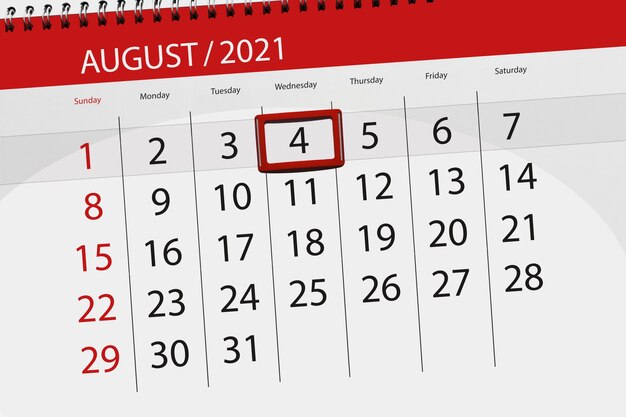 Planificador de calendario para el mes de agosto de 2021, fecha límite, 4, miércoles.