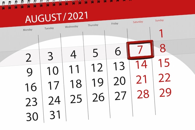 Planificador de calendario para el mes de agosto de 2021, fecha límite, 7, sábado.