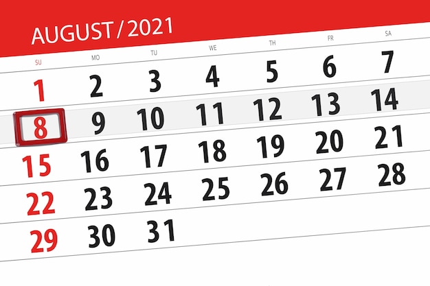 Planificador de calendario para el mes de agosto de 2021, fecha límite, 8, domingo.