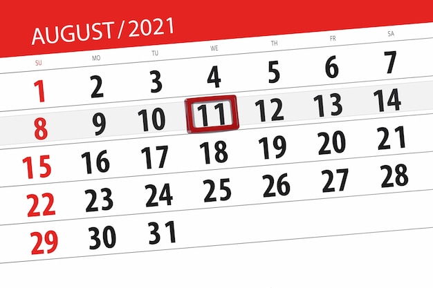 Planificador de calendario para el mes de agosto de 2021, fecha límite, miércoles 11.