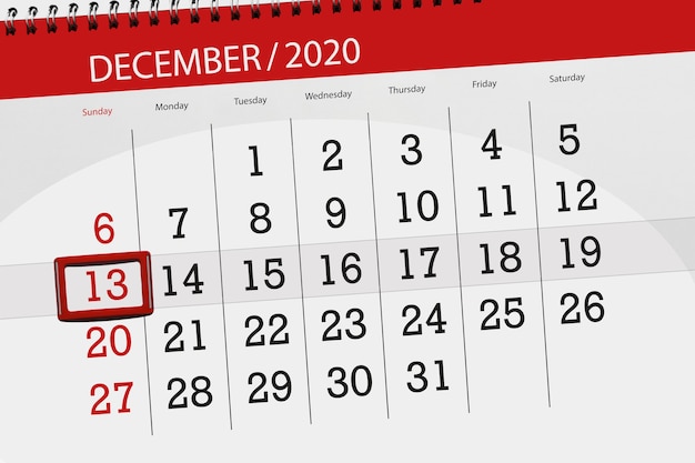 Planificador de calendario para el mes de diciembre de 2020, fecha límite, 13, domingo.