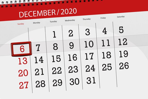 Planificador de calendario para el mes de diciembre de 2020, fecha límite, 6, domingo.