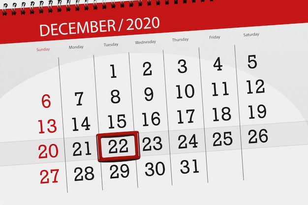 Planificador de calendario para el mes de diciembre de 2020, fecha límite, martes 22.