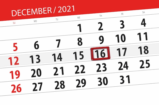 Planificador de calendario para el mes de diciembre de 2021, fecha límite, 16, jueves.