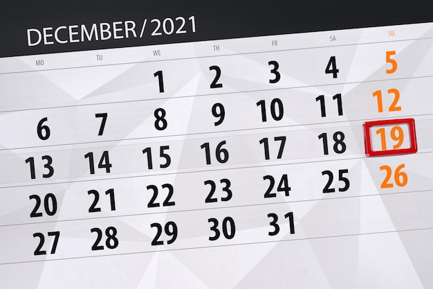 Planificador de calendario para el mes de diciembre de 2021, fecha límite, 19, domingo.