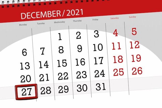 Planificador de calendario para el mes de diciembre de 2021, fecha límite, 27, lunes.