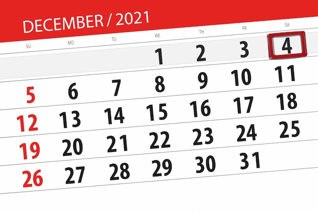 Planificador de calendario para el mes de diciembre de 2021, fecha límite, 4, sábado.