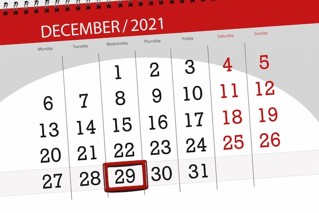 Planificador de calendario para el mes de diciembre de 2021, fecha límite, miércoles 29.