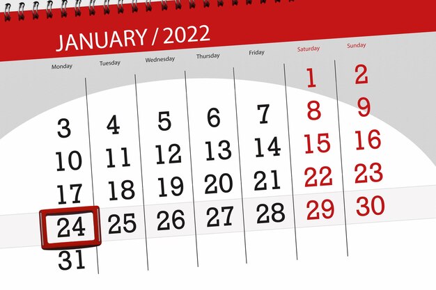 Planificador de calendario para el mes de enero de 2022, fecha límite, 24, lunes.