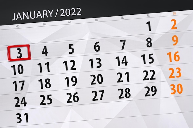 Planificador de calendario para el mes de enero de 2022, fecha límite, 3, lunes.