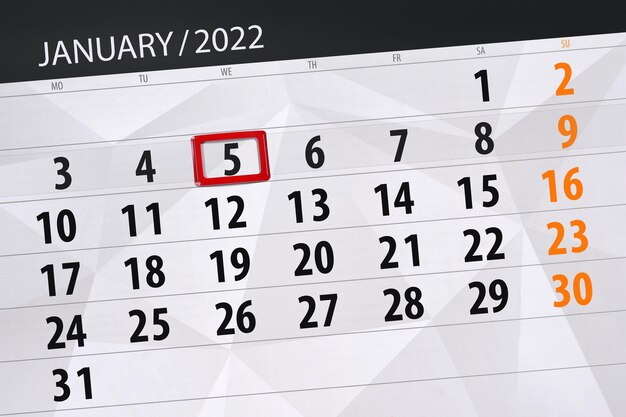 Planificador de calendario para el mes de enero de 2022, fecha límite, 5, miércoles.