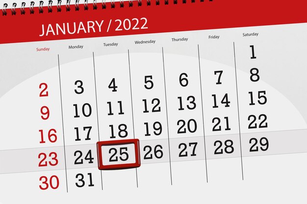 Planificador de calendario para el mes de enero de 2022, fecha límite, martes 25.