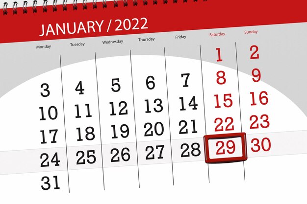 Planificador de calendario para el mes de enero de 2022, fecha límite, sábado 29.