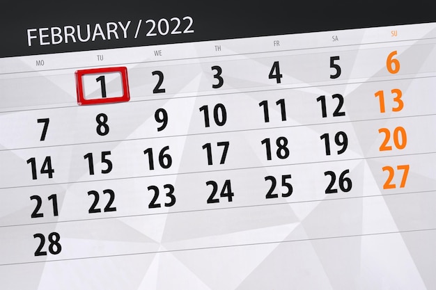 Planificador de calendario para el mes de febrero de 2022, fecha límite, 1, martes.