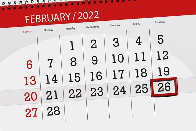 Planificador de calendario para el mes de febrero de 2022, fecha límite, 26, sábado.
