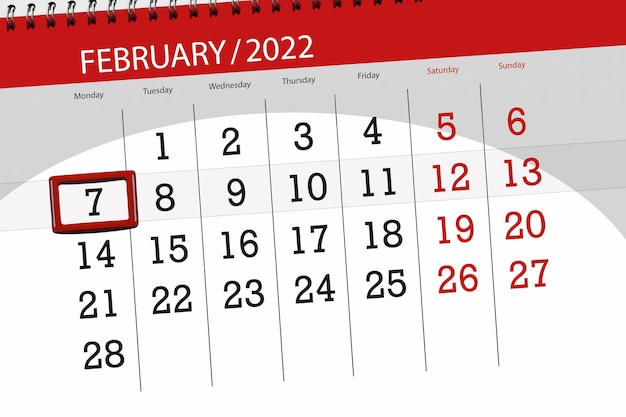 Planificador de calendario para el mes de febrero de 2022, fecha límite, 7, lunes.