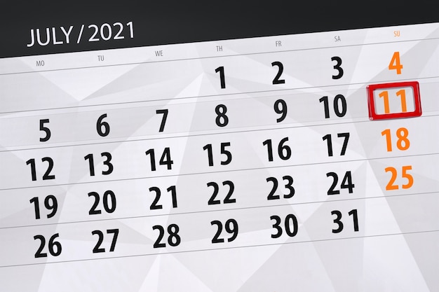 Planificador de calendario para el mes de julio de 2021, fecha límite, 11, domingo.