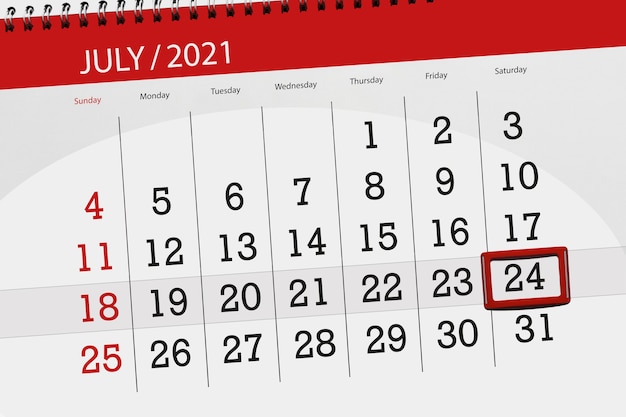 Planificador de calendario para el mes de julio de 2021, fecha límite, 24, sábado.