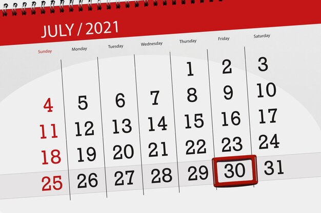 Planificador de calendario para el mes de julio de 2021, fecha límite, 30, viernes.