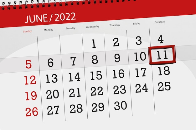 Planificador de calendario para el mes junio 2022 fecha límite día 11 sábado