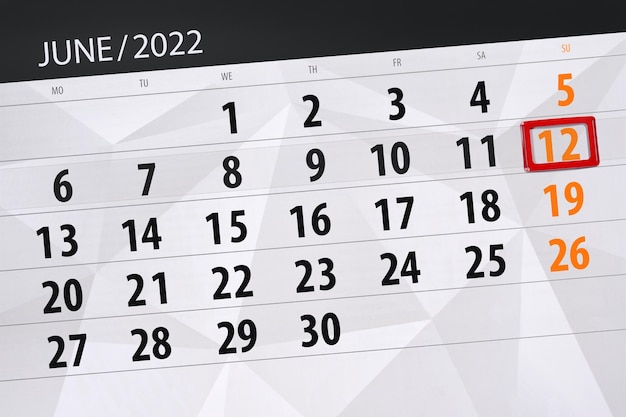 Planificador de calendario para el mes junio 2022 fecha límite día 12 domingo