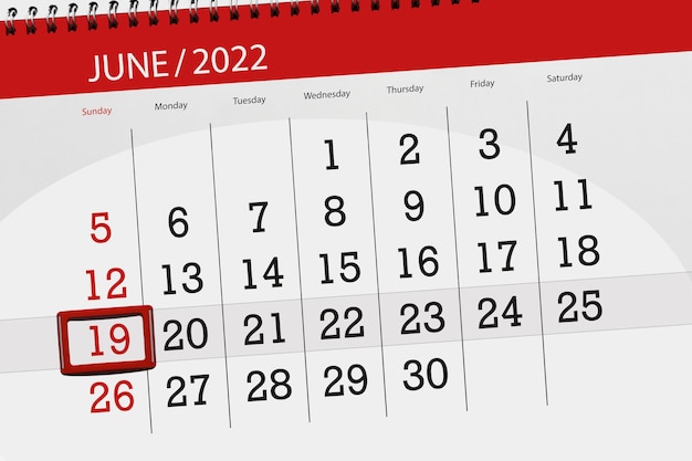 Planificador de calendario para el mes junio 2022 fecha límite día 19 domingo