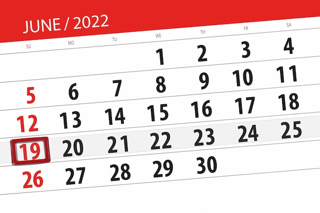 Planificador de calendario para el mes junio 2022 fecha límite día 19 domingo