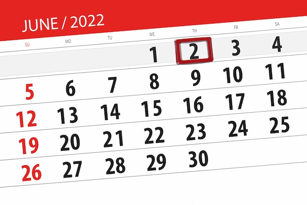 Planificador de calendario para el mes junio 2022 fecha límite día 2 jueves