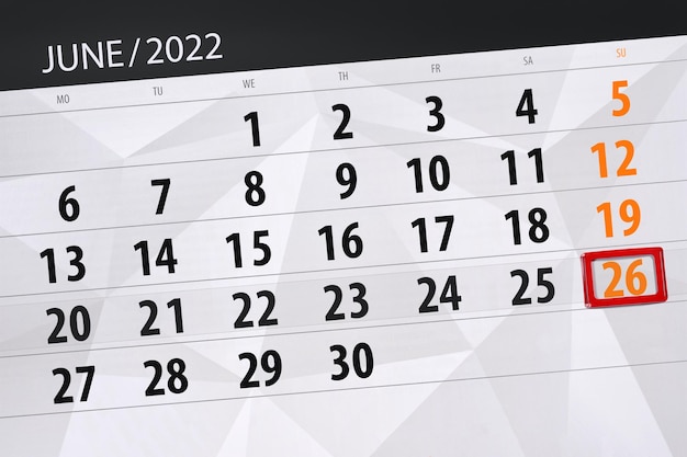 Planificador de calendario para el mes junio 2022 fecha límite día 26 domingo