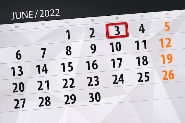 Planificador de calendario para el mes junio 2022 fecha límite día 3 viernes