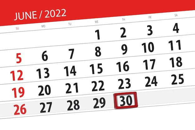 Planificador de calendario para el mes junio 2022 fecha límite día 30 jueves