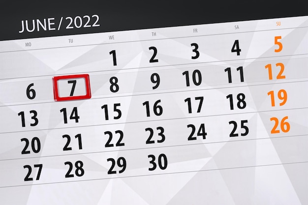 Planificador de calendario para el mes junio 2022 fecha límite día 7 martes