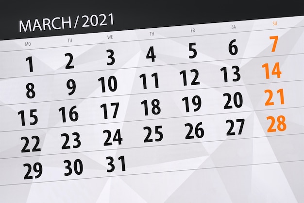 Planificador de calendario para el mes de marzo de 2021, fecha límite.