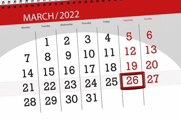 Planificador de calendario para el mes de marzo de 2022, fecha límite, 26, sábado.