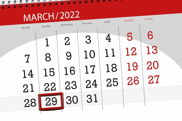 Planificador de calendario para el mes de marzo de 2022, fecha límite, 29, martes.