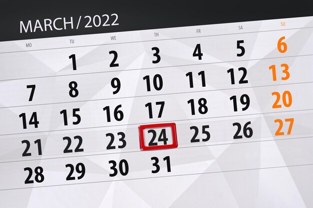 Planificador de calendario para el mes marzo 2022 fecha límite día 24 jueves