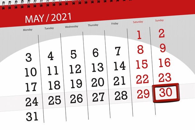 Planificador de calendario para el mes de mayo de 2021, fecha límite, 30, domingo.
