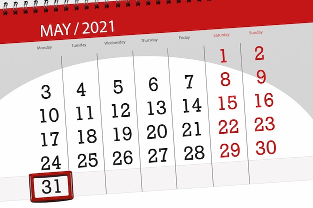 Planificador de calendario para el mes de mayo de 2021, fecha límite, 31, lunes.