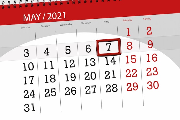 Planificador de calendario para el mes de mayo de 2021, fecha límite, 7, viernes.