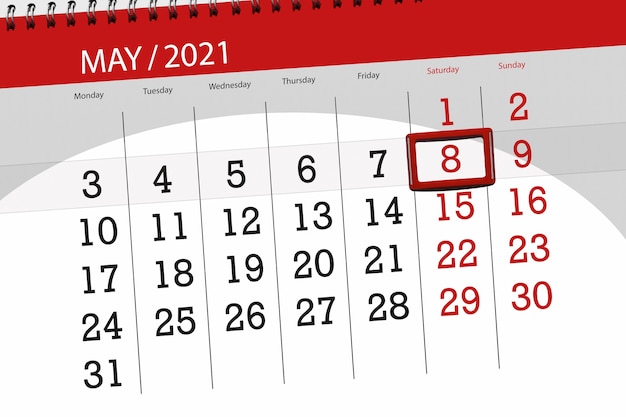 Planificador de calendario para el mes de mayo de 2021, fecha límite, 8, sábado.