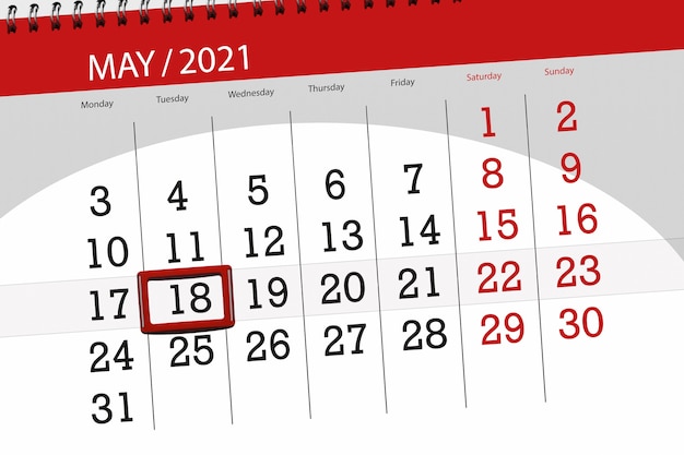 Planificador de calendario para el mes de mayo de 2021, fecha límite, martes 18.