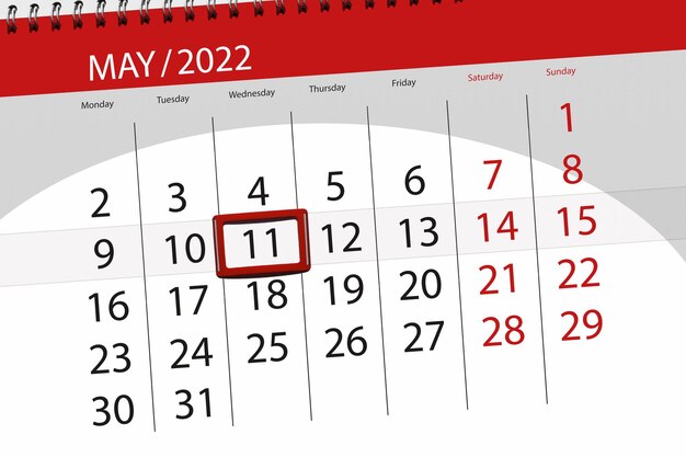 Planificador de calendario para el mes mayo 2022 fecha límite día 11 miércoles