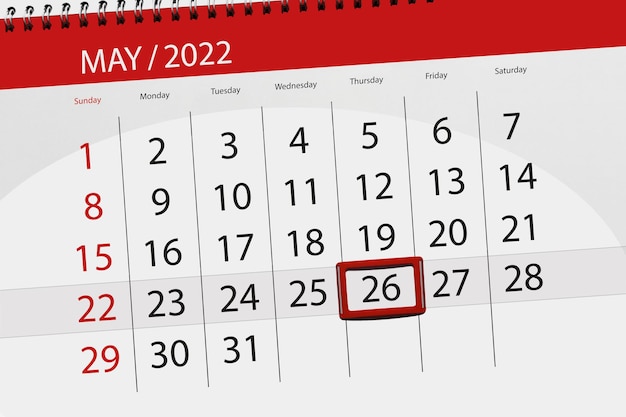 Planificador de calendario para el mes mayo 2022 fecha límite día 26 jueves