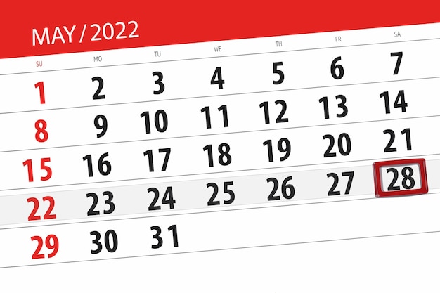 Planificador de calendario para el mes mayo 2022 fecha límite día 28 sábado