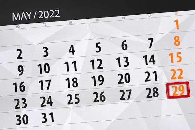 Planificador de calendario para el mes mayo 2022 fecha límite día 29 domingo