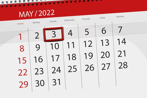 Planificador de calendario para el mes mayo 2022 fecha límite día 3 martes