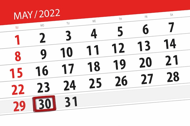 Planificador de calendario para el mes mayo 2022 fecha límite día 30 lunes