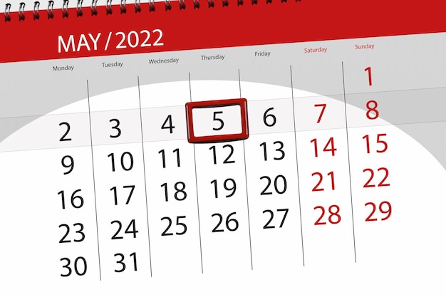 Planificador de calendario para el mes mayo 2022 fecha límite día 5 jueves