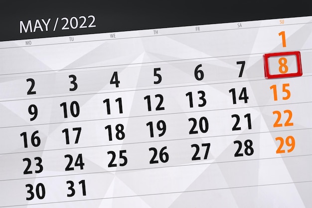 Planificador de calendario para el mes mayo 2022 fecha límite día 8 domingo