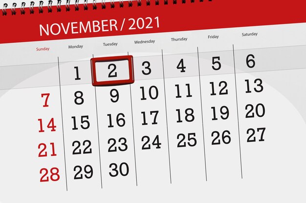 Planificador de calendario para el mes de noviembre de 2021, fecha límite, 2, martes.